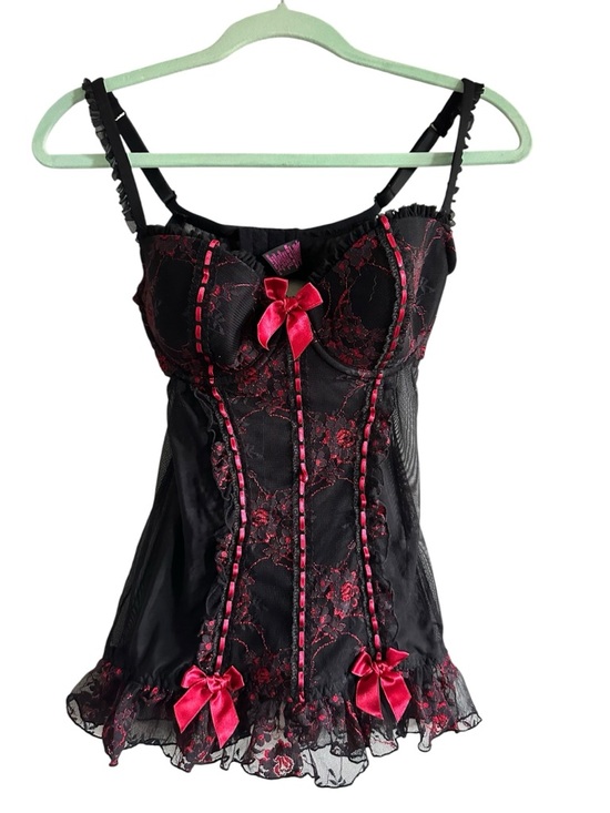 La SENZA Other - La SENZA Black Chemise with red Lace Accents and Bows Merry Widow Camisole Cami